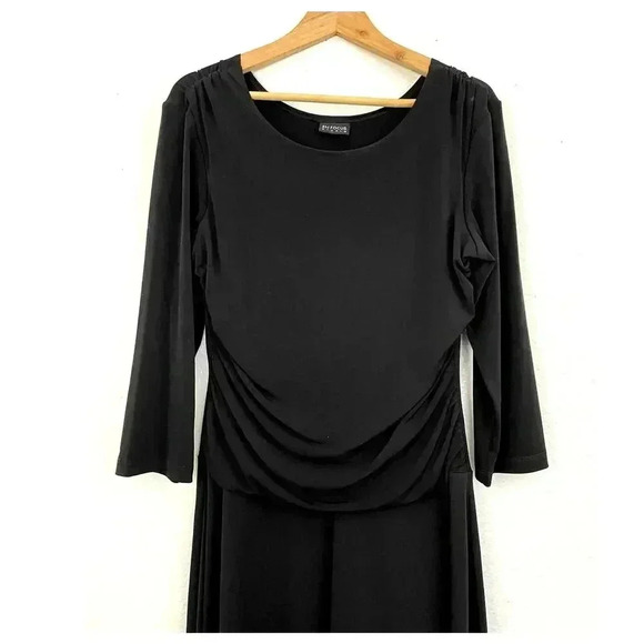 Black Cling Black Stretch Dress Sz Medium Ruched VTG EnFocus Studio Women's - Picture 2 of 13